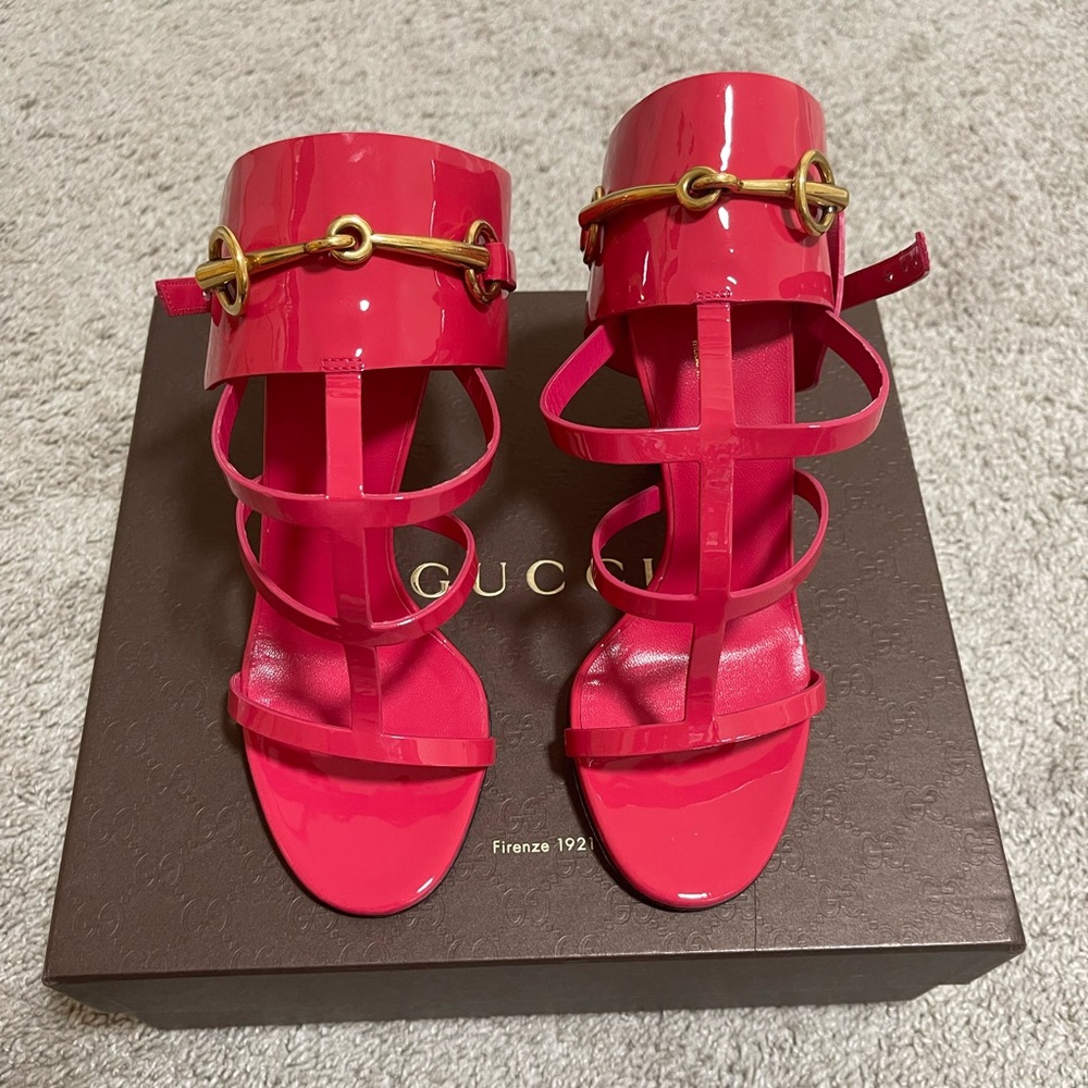 Gucci Ursula Horsebit Pink Patent Leather Heels